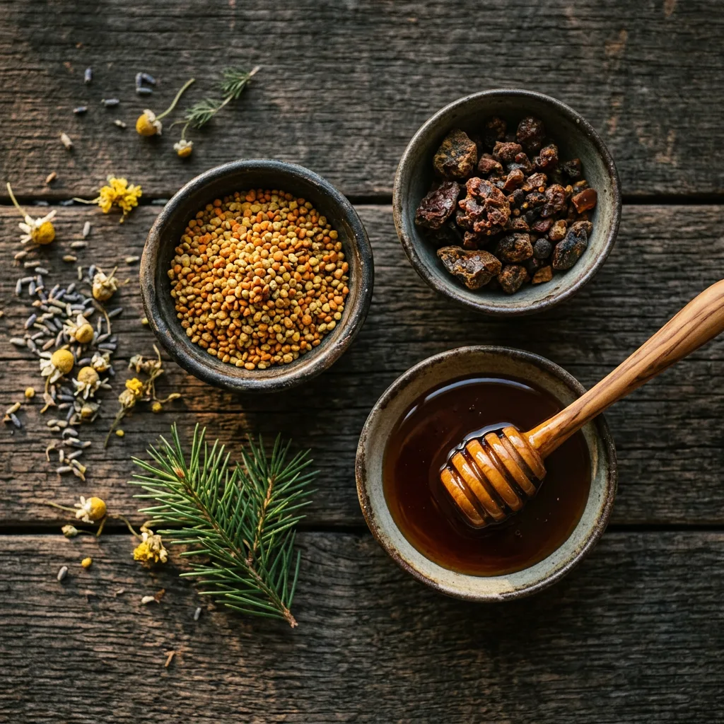 Seramik kaselerde polen taneleri, propolis parçaları ve koyu kestane balı.